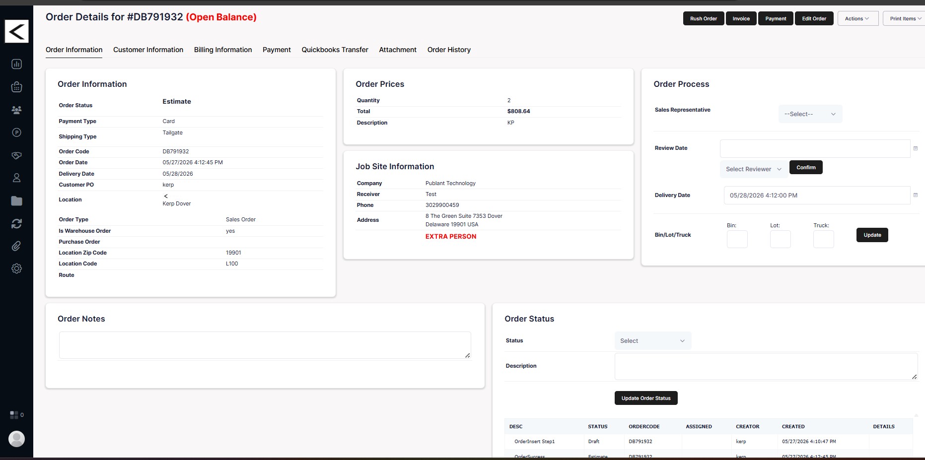 KitchenERP order details screen with prices, job site and order status