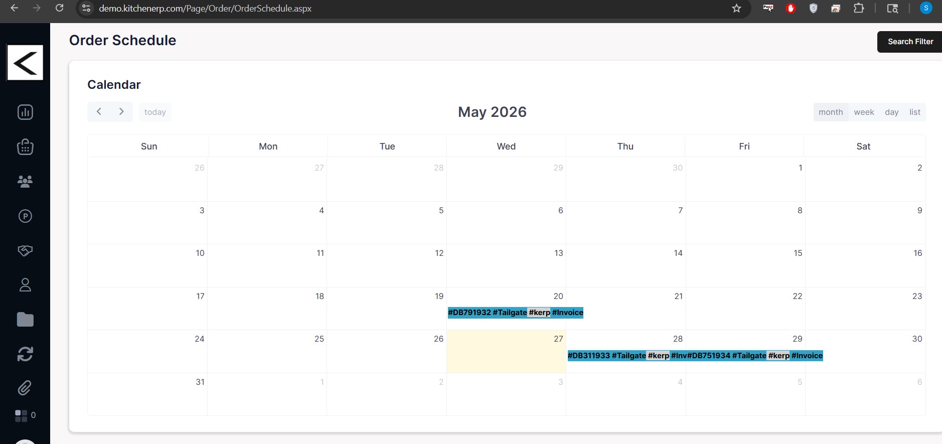 KitchenERP delivery schedule calendar showing orders by day with tailgate and invoice tags