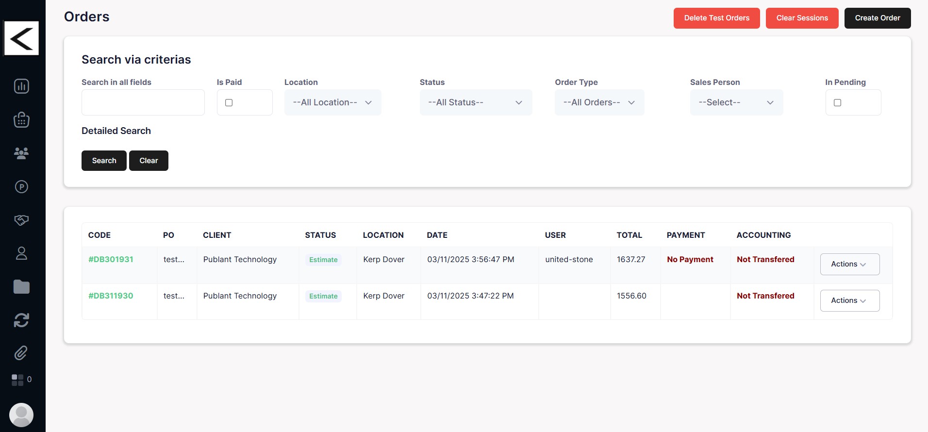 KitchenERP orders list with search filters, status, payment and accounting columns