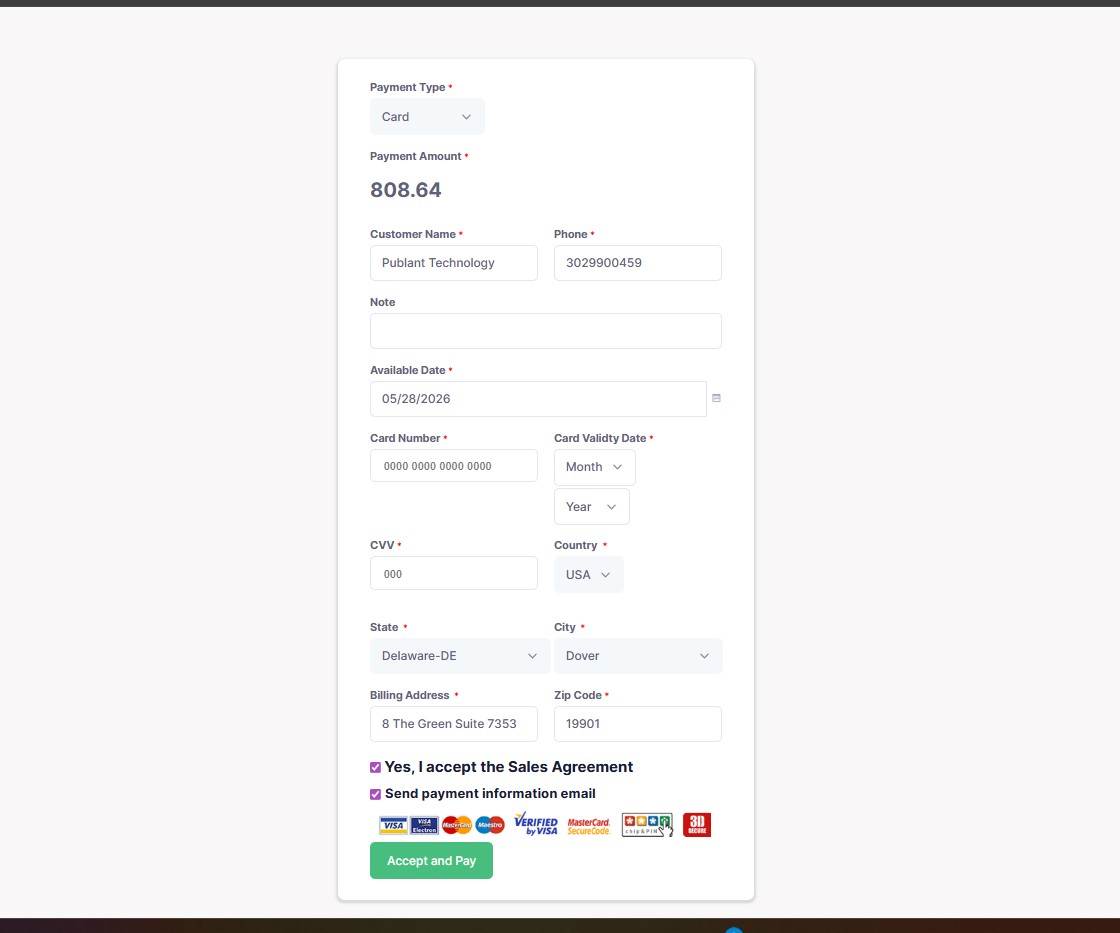 KitchenERP online card payment screen